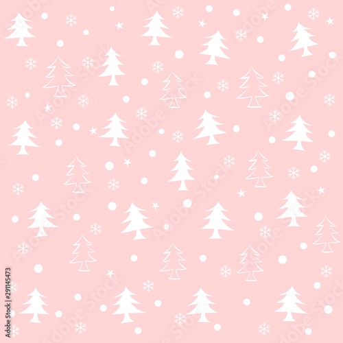 Pine trees and snow seamless background pink and white colors vector winter pattern