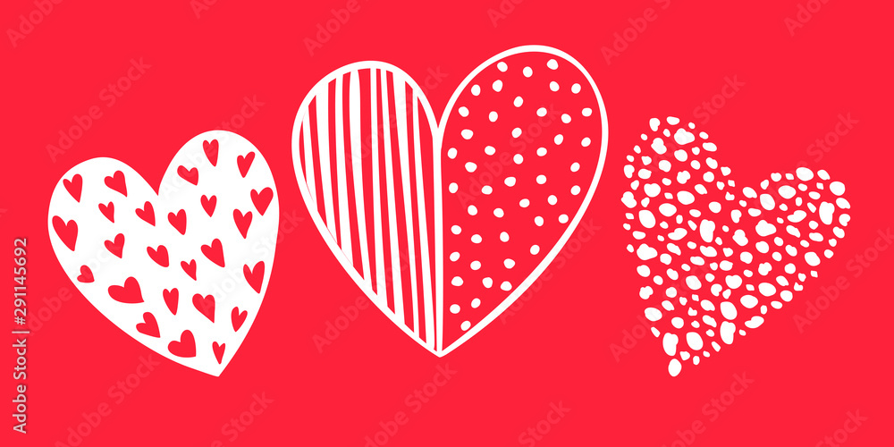 Set of 3 hand drawn white hearts on the red background, simple vector shapes for greeting cards, wedding invitation, banners, backgrounds, textiles design. Set of 3 hand drawn white hearts on the red background, simple vector shapes for greeting cards, wedding invitation, banners, backgrounds, textiles design.