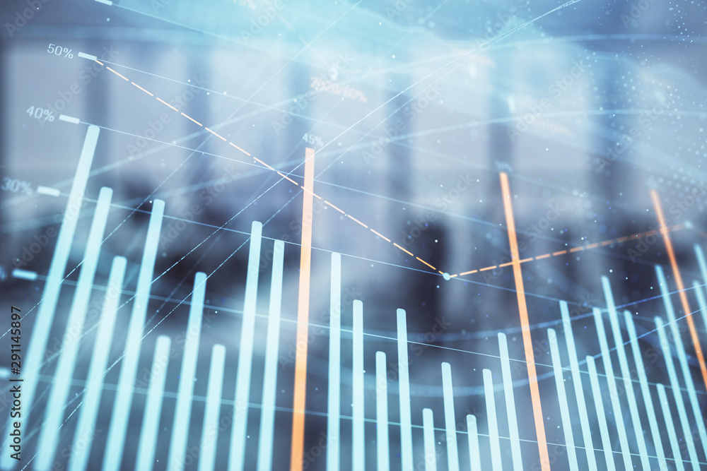 Stock and bond market graph with trading desk bank office interior on background. Multi exposure. Concept of financial analysis Stock and bond market graph with trading desk bank office interior on background. Multi exposure. Concept of financial analysis