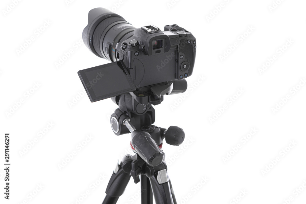 High angle view on massive black still-shot camera on trepied cutout High angle view on massive black still-shot camera on trepied cutout