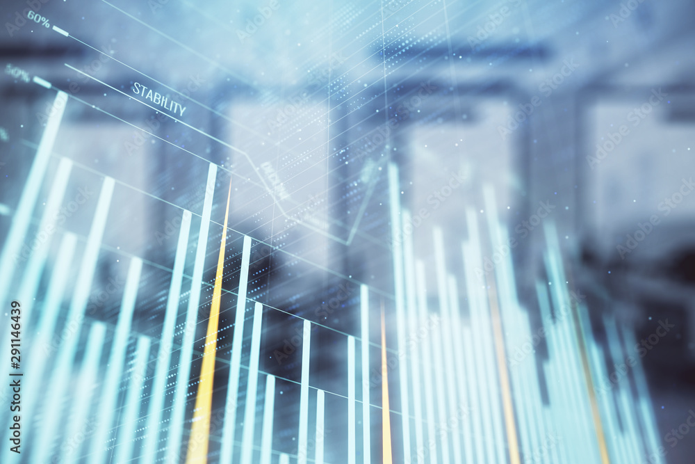 Stock market chart with trading desk bank office interior on background. Double exposure. Concept of financial analysis Stock market chart with trading desk bank office interior on background. Double exposure. Concept of financial analysis