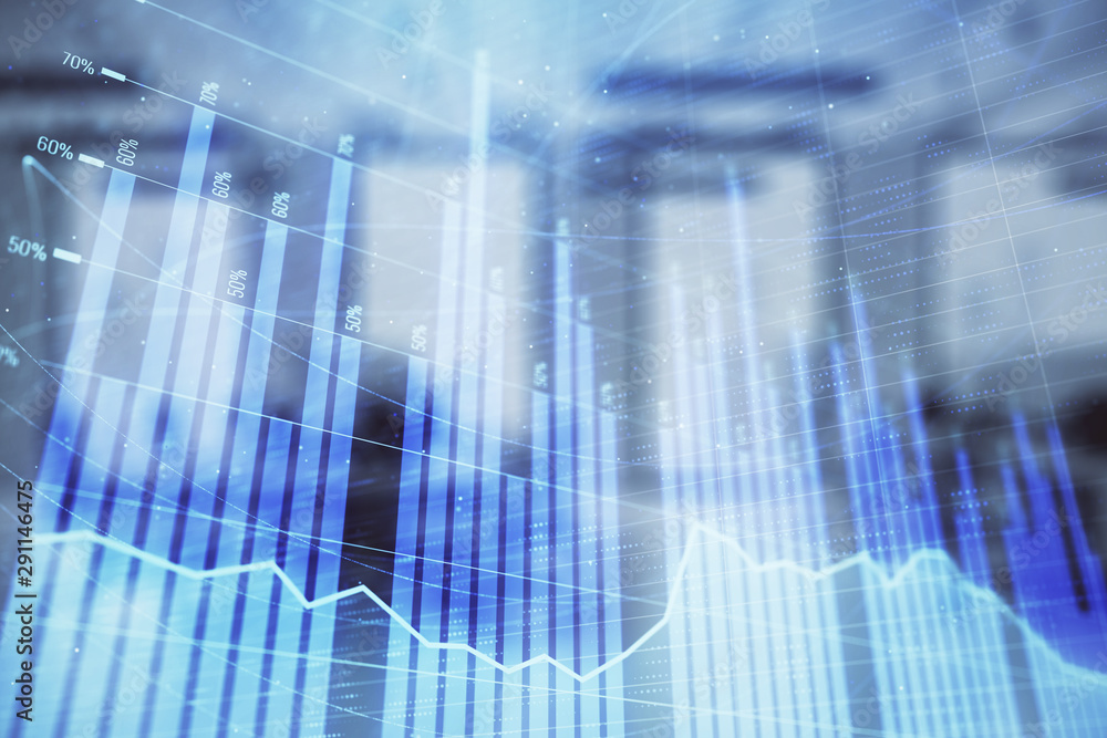 Stock market chart with trading desk bank office interior on background. Double exposure. Concept of financial analysis Stock market chart with trading desk bank office interior on background. Double exposure. Concept of financial analysis
