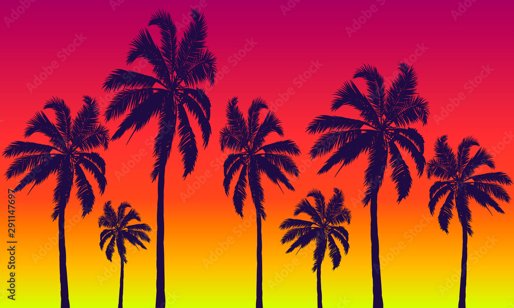 Palm trees on a background of summer red-yellow sunset, vector art illustration.