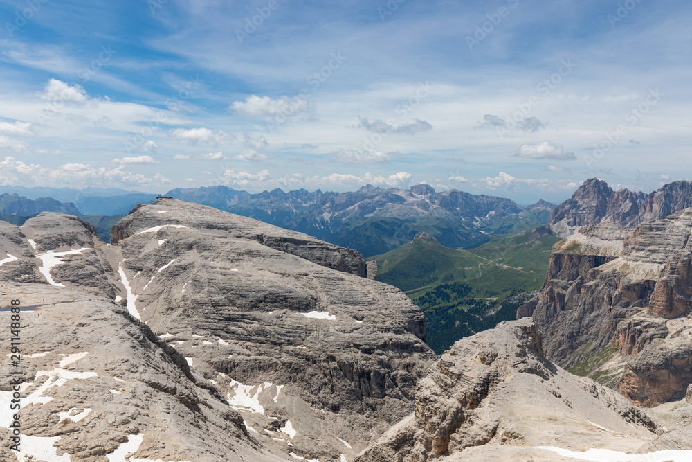 Italian Dolomites Alps. View from the top of the Piz Boe mountain. Italian Alps, Alto Adige (Summertime)