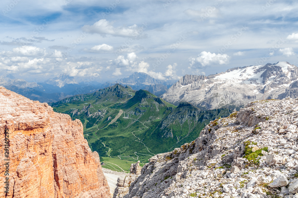 Beautiful view of Marmolada glasier and Pass Pordoi valley from Piz Boe mountain peak. Italian Dolomites, Alto Adige