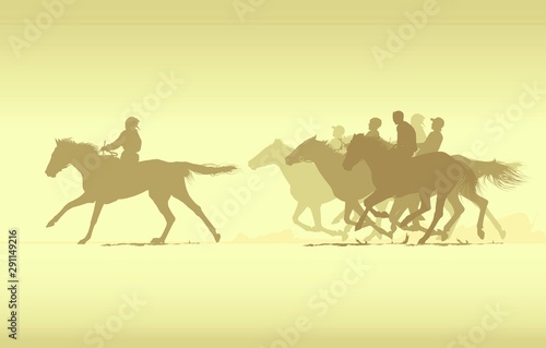 Baigue is one of the most ancient and popular types of horse races with many Turkic people. Silhouette.Vector.
