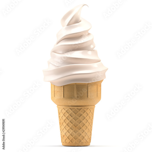 Soft serve ice cream in waffle cone isolated on white.