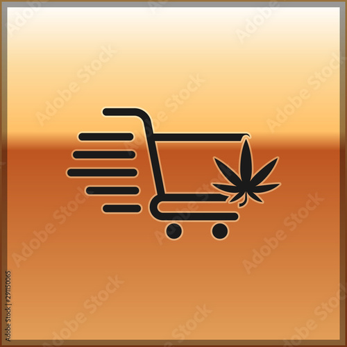 Black Shopping cart with marijuana or cannabis leaf icon isolated on gold background. Online buying. Delivery service. Supermarket basket. Vector Illustration