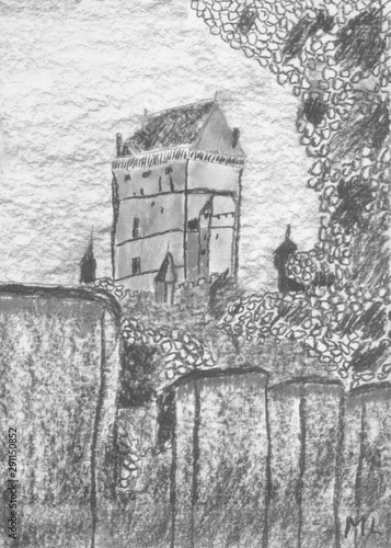 Castle in the Czech Republic, Hand Drawn Charcoal Drawing © Pavel