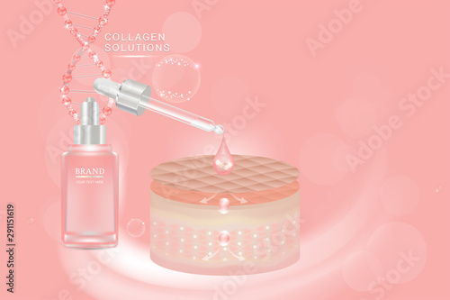 Beauty product ad design, pink cosmetic container with collagen solution advertising background ready to use, luxury skin care banner, illustration vector.	