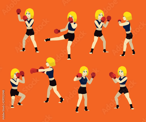 Various Poses Woman Manga Boxing Poses Set Cartoon Vector Illustration