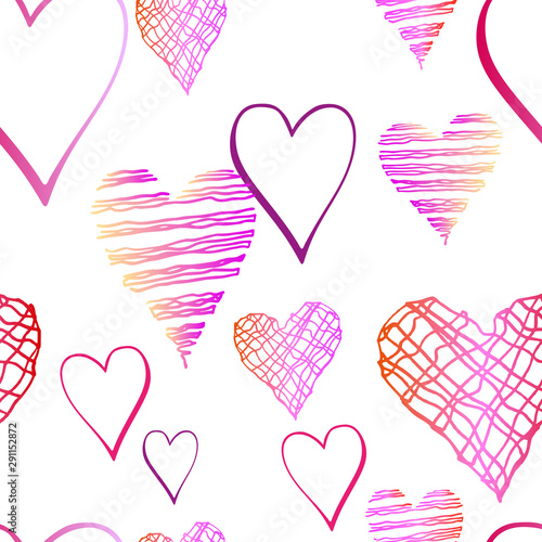Drunge style seamless pattern with hand drawn hearts. Pink background on white