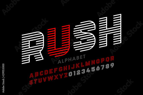 Speed style linear font, alphabet and numbers