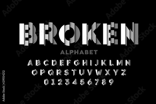 Broken style font, alphabet letters and numbers
