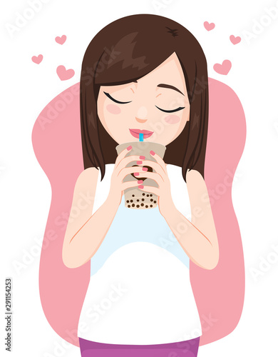 Beautiful young woman relaxed with closed eyes enjoying drinking delicious tapioca bubble tea
