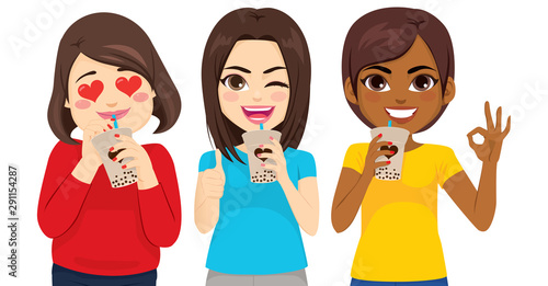 Small group of women drinking and enjoying bubble tea tapioca drink