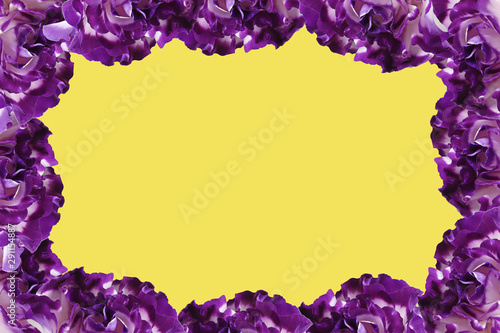 frame of purple flowers on a yellow background