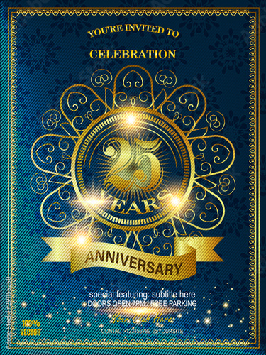 25th-anniversary golden logo with geometric ornament, golden frame, wreath, and ribbon on a colored pattern background. Vector EPS 10