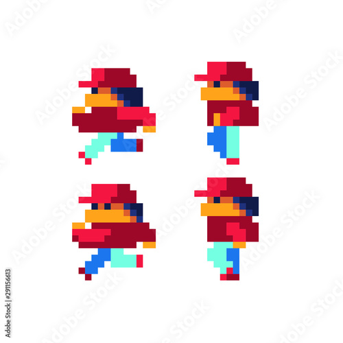 Running male character in cap pixel art style for arcade game, isolated vector. 8 Bit  cartoon game background, mobile game assets. Isolated vector illustration. 8-bit. 