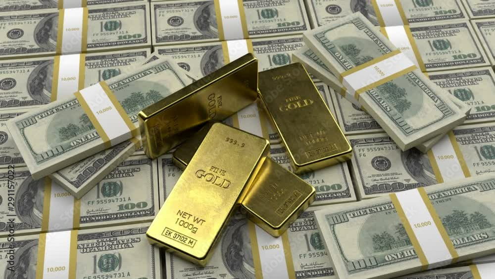 Close-up of gold bars lying on the banknotes of the old sample dollars. The concept of success in business, Finance, banking. 3d animation 4k Ultra HD 3840x2160. Close-up of gold bars lying on the banknotes of the old sample dollars. The concept of success in business, Finance, banking. 3d animation 4k Ultra HD 3840x2160.