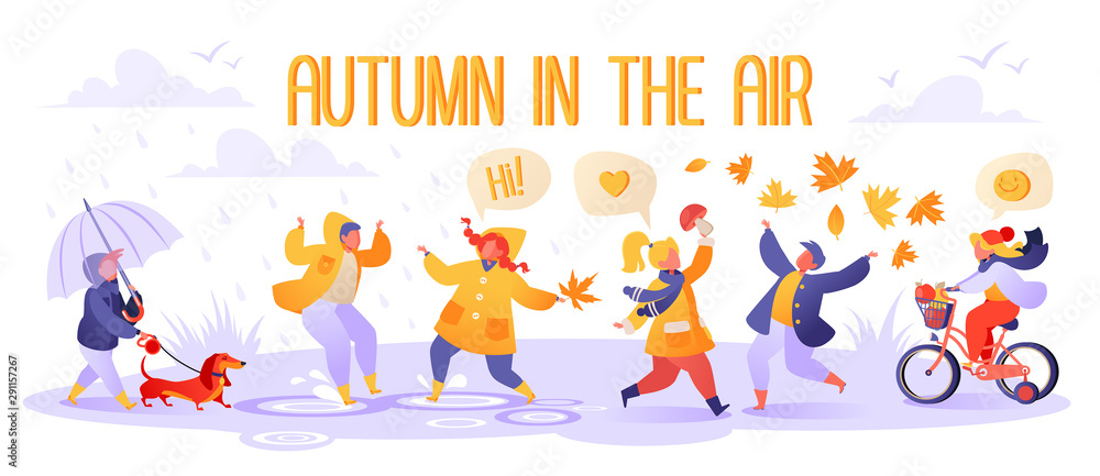 Cute autumn illustration with happy kids playing outdoors. Autumn season. Boy walks with dog. Children in raincoats and rubber boots jump in puddles. Girl found mushroom, boy throws up foliage. 