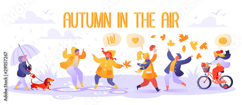 Cute autumn illustration with happy kids playing outdoors. Autumn season. Boy walks with dog. Children in raincoats and rubber boots jump in puddles. Girl found mushroom, boy throws up foliage. 