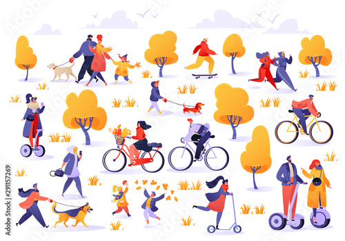 Active people in the park. Autumn outdoor. Man and woman characters  running, riding bicycle and hoverboard, skateboarding. Young family walks dog, children play in autumn park and walk with pets.