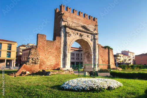 Rimini landmark of Arch of Augustus. Famous Triumphal Arch in Rimini on clear day, Italy