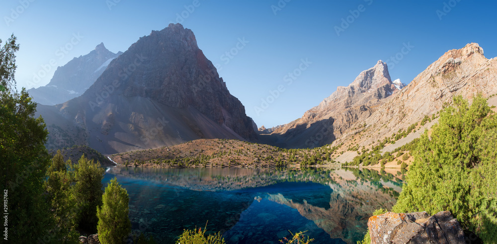Alaudin lakes in Fann mountains, Tajikistan. Picturesque panorama of turquoise lake in Fann mountains. Beautiful nature landscape.