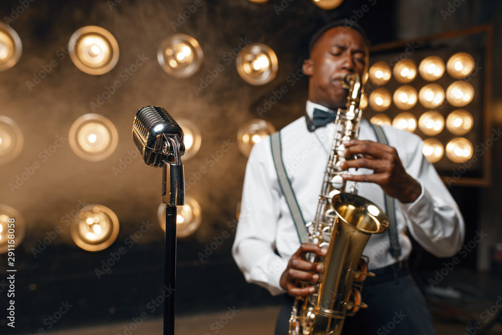 Obraz premium Male jazz performer plays the saxophone on stage