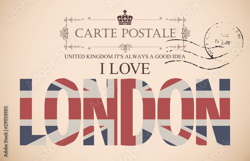 Vector postcard with words I love London in colors of british flag. Retro card with UK flag and postmark