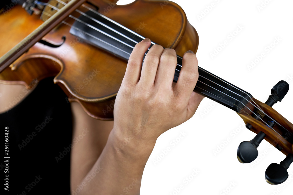 Hand of a female violinist on the fingerboard of a violin isolated on white Hand of a female violinist on the fingerboard of a violin isolated on white
