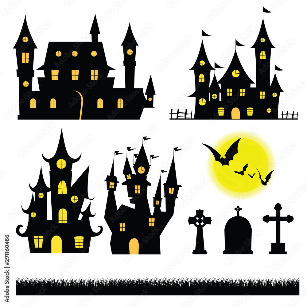 Set Halloween Castle Graves bat Element silhouette