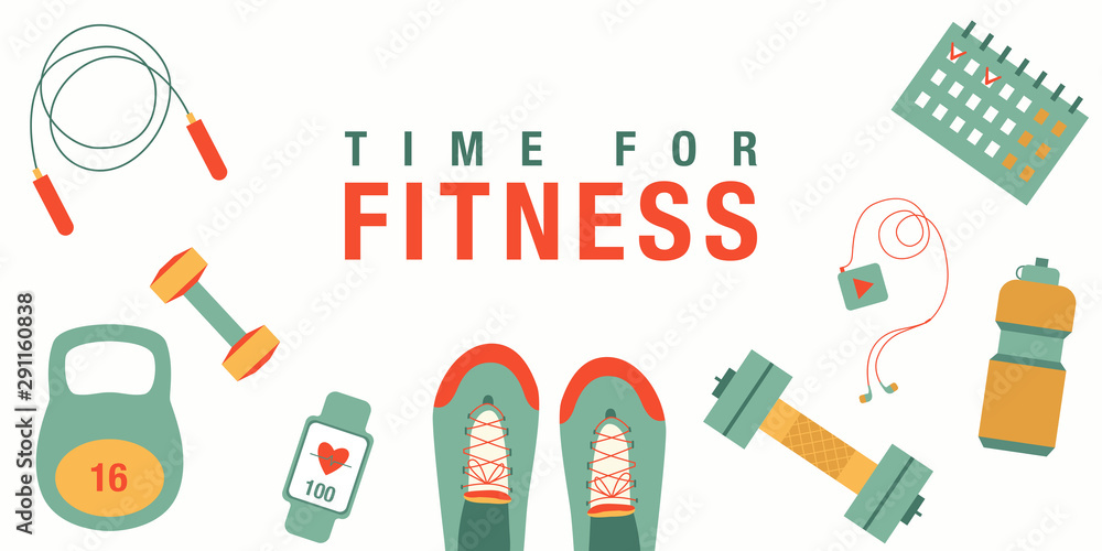 Vetor de Gym fitness elements vector illustration. Sports and physical  activity equipment, healthy food and wellness banner, objects set on white  backgrouns, top view. Healthy lifestyle banner, poster or cover do Stock