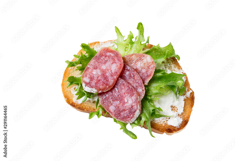 Sandwich with sausage, cottage-cheese and salad  on a white background.