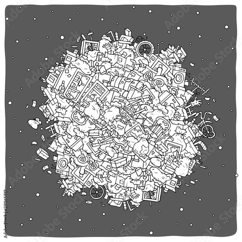 Planet littered with household rubbish, trash bags and broken junk flying in space among stars, black and white outline vector illustration