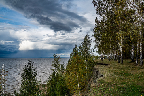 nature, landscape, beauty, early, autumn, cloudy, day, sky, clouds, space, distance, horizon, river, water, shore, cliff, trees, birch, grove, grass, path, bad weather, bad weather, element, wind, res
