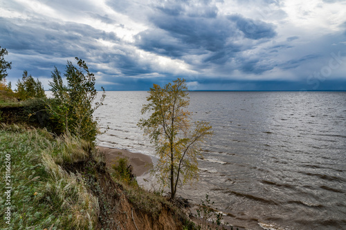 Fototapeta Naklejka Na Ścianę i Meble -  nature, landscape, beauty, early, autumn, cloudy, day, sky, clouds, space, distance, horizon, river, water, shore, cliff, trees, birch, grove, grass, path, bad weather, bad weather, element, wind, res