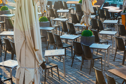 Outdoor restaurant table on San Marco Square, Venice, Italy.