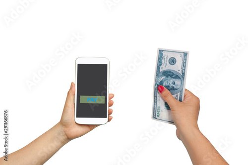 Hand hold mobile and hand hold banknote ,business financial.
