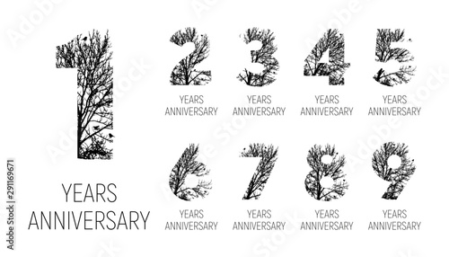 Symbols from 1 to 9 double exposure with black wood isolated on white background. Vector illustration. Black and white double exposure silhouette figures combined with nature photography. Alphabet let