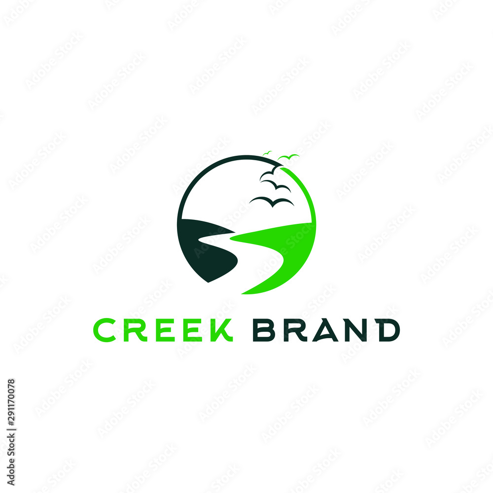 simple green modern round creek river logo design template 