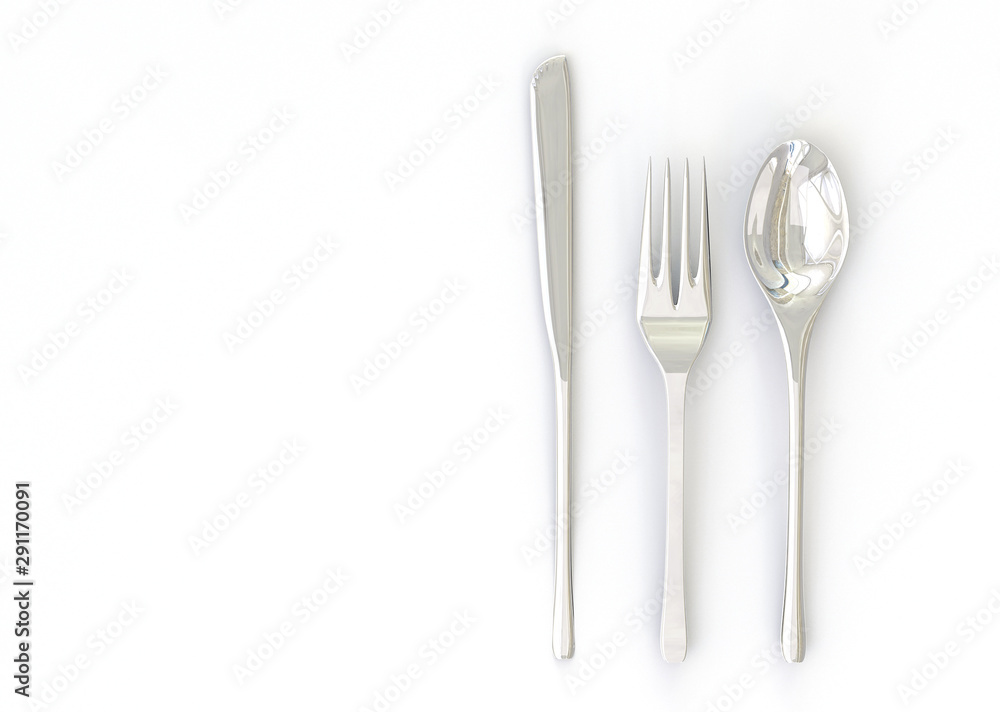 Fork, spoon and knife isolated on white background. 3d realistic metal cutlery set. Fork, spoon and knife isolated on white background. 3d realistic metal cutlery set.