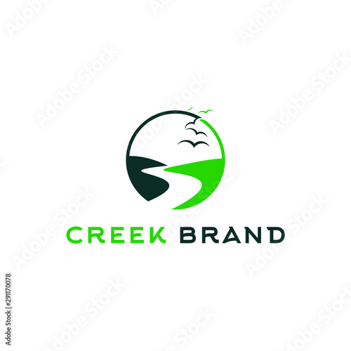 simple green modern round creek river logo design template 