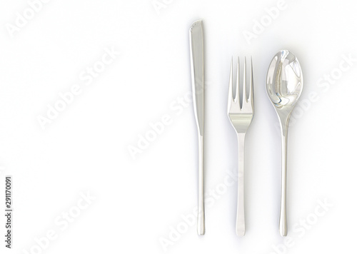 Fork, spoon and knife isolated on white background. 3d realistic metal cutlery set.