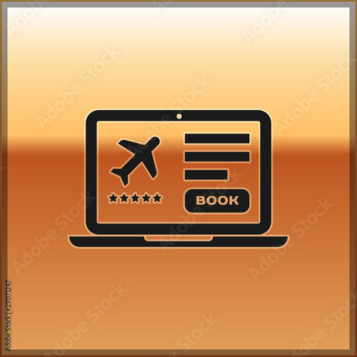 Black Laptop with electronic boarding pass airline ticket icon isolated on gold background. Passenger plane mobile ticket for web and app. Vector Illustration