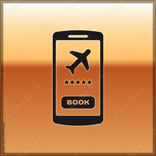 Black Smartphone with electronic boarding pass airline ticket icon isolated on gold background. Passenger plane mobile ticket for web and app. Vector Illustration