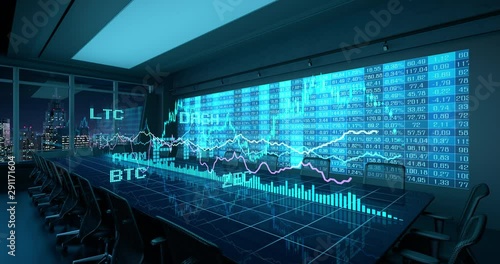 Animated Blue Charts Financial Stats on Table in Night Office Interior. Cryptocurrency Bitcoin Exchange trading Gambling concept 4K video 3D rendering. 10 sec intro and 10 sec loop.