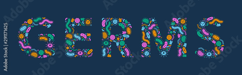 Green, orange, pink,  blue germs / bacteria spelling the word Germ - Vector illustration