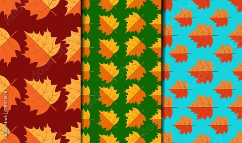 Set of seamless patterns with minimalist autumn maple leaves. All patterns in the swatches panel, eps 10.